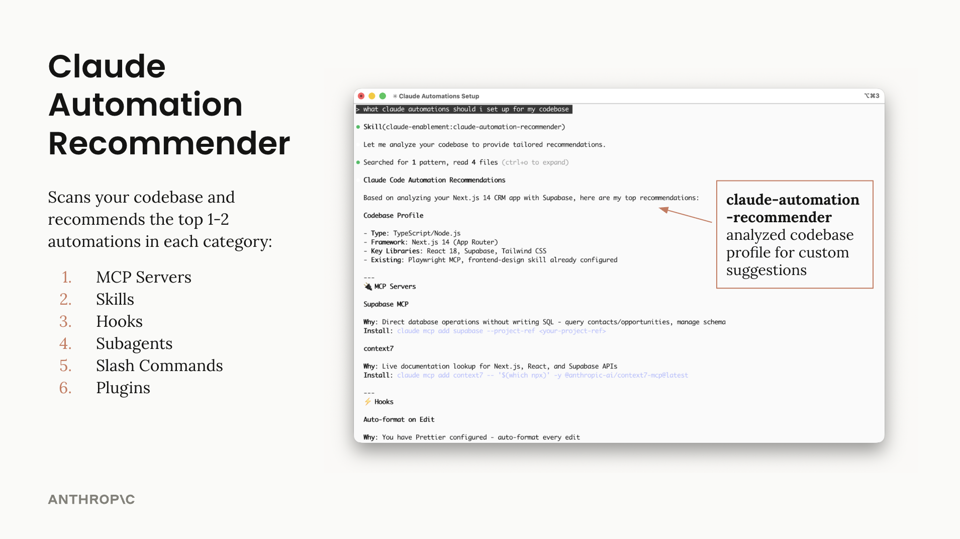 Automation recommender analyzing a codebase and providing tailored recommendations