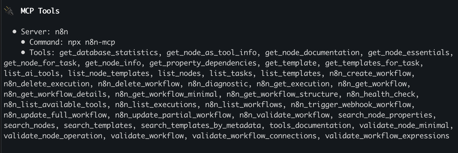 n8n-MCP connected and showing 39 tools available