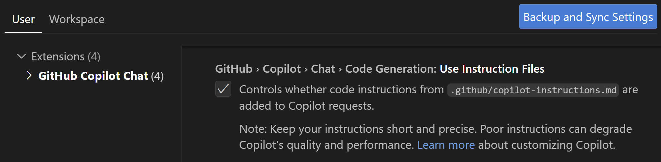 VS Code Settings > GitHub > Copilot > Chat > Code Generation: Use Instruction Files