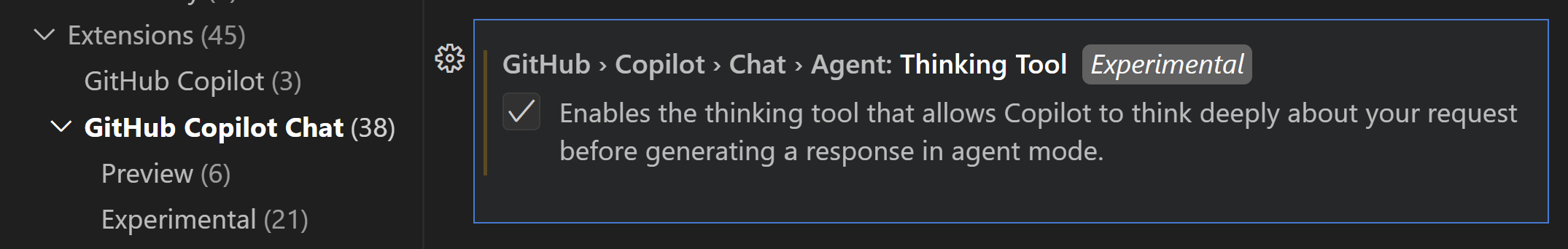 VS Code Settings > GitHub > Copilot > Chat > Agent: Thinking Tool