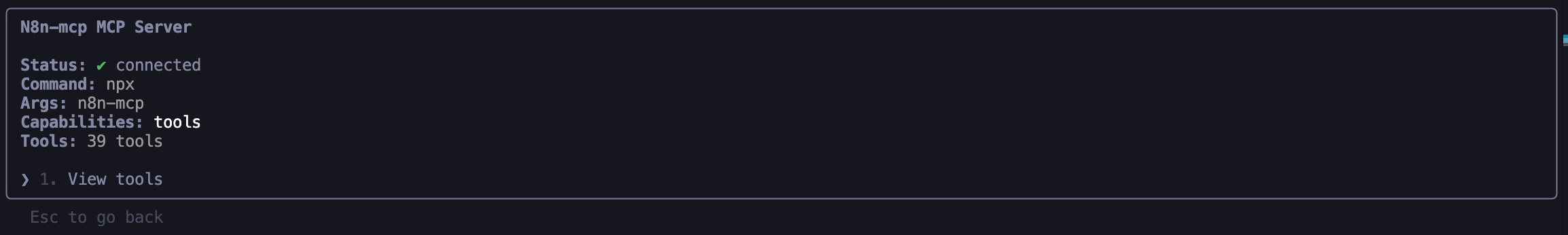 n8n-MCP connected and showing 39 tools available